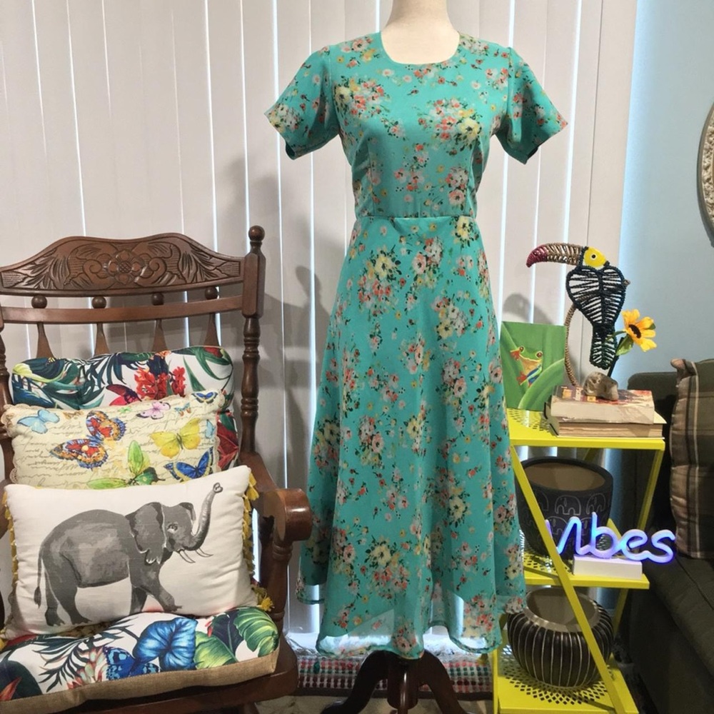 vintage floral teal midi dress
